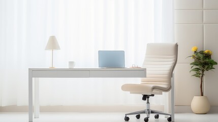 laptop on a table with chair on office interior background