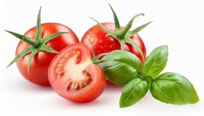 cherry tomatoes with basil leaves cut out on transparent background
