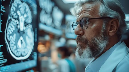 Obraz premium Medical Technician Reviewing Head X-ray for Accurate Diagnosis