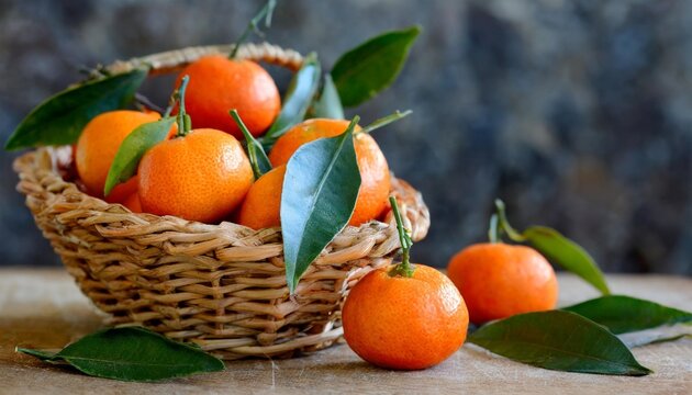basket of orange clementine fruit from corsica with foliage