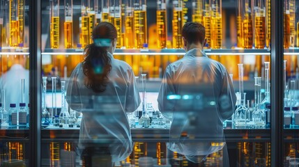 Obraz premium Medical Research: Scientists and Researchers Analyzing Data and Conducting Experiments in the Laboratory.