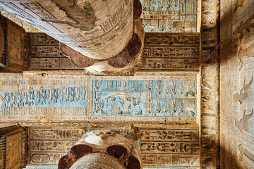 Blue astronomical ceiling, columns and relief carvings from the temple of Dendera, Egypt