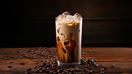 Iced Coffee Delight: Tall Glass of Creamy Iced Coffee on a Rustic Table