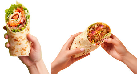 Hand holding burrito isolated on white