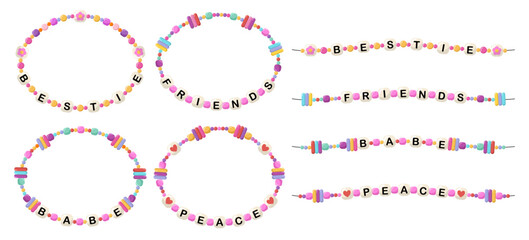 Collection of vector jewelry, children's ornaments. Bracelet of handmade plastic beads. Set of bright colorful braided bracelets with letters from words bestie, friends, babe, peace. - obrazy, fototapety, plakaty