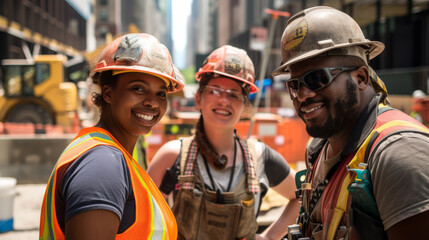 Young builders are standing at the site, discussing working issues. Workers outdoors. Construction concept, communication.