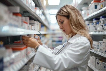 Young female pharmacist in white coat picking pills out from warehouse shelf