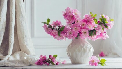 spring pink flowers in vase in white interior