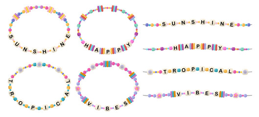 Collection of vector jewelry, children's ornaments. Bracelet of handmade plastic beads. Set of bright colorful braided bracelets with letters from words sunshine, happy, tropical, vibes