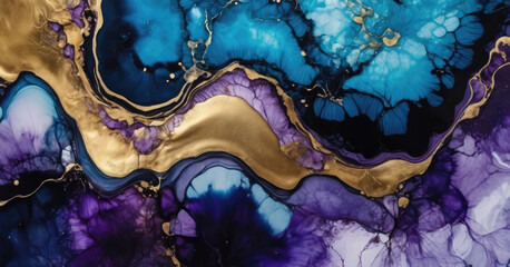 Marble ink abstract art. Smooth blue, purple and golden marble background pattern of alcohol ink .