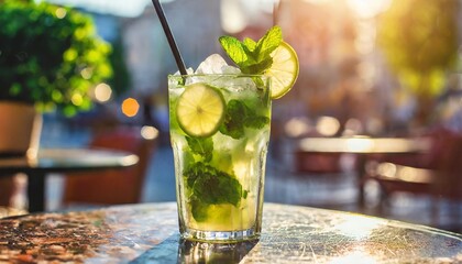 exotic mojito drink on blurred city background in the rays of sunlight in summer close up of a macro street cafe