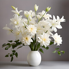 white flowers with leaves in white color vase