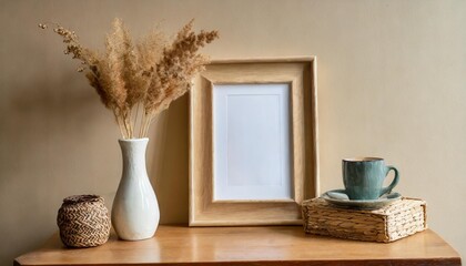 empty wooden picture frame mockup hanging on beige wall background boho shaped vase dry flowers on table cup of coffee working space home office plant interior pot window home flower wall