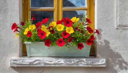 Fototapeta na wymiar a pot of bright yellow red ornamental petunias decorates the window
