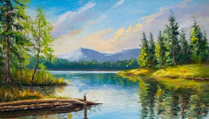 oil painting landscape lake in the forest