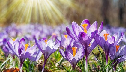 banner 3 1 panorama of blooming purple crocus flowers on meadow under sun beams in spring time...