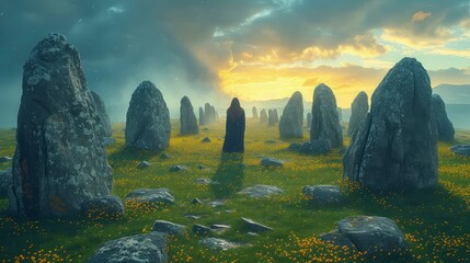 A man stands among megalithic stones and a Celtic landscape. Background celebrating St. Patrick's...