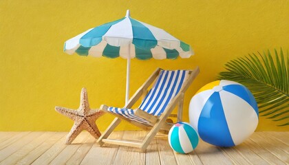 beach chair beach umbrella beach ball starfish and flip flops on yellow background 3d rendering of vacation gear