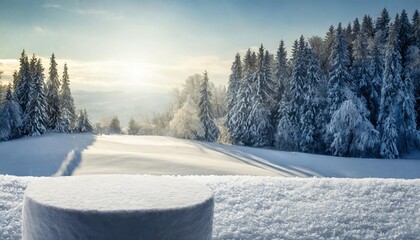 Fototapeta premium winter mockup background of snow and frost natural rural landscape and sun light empty space for your decoration magic christmas photo of pedestals and vintage style cold december day