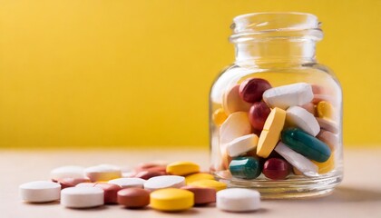 multicolor tablets and pills capsules from glass bottle on yellow background health care close up horizontal banner copy space