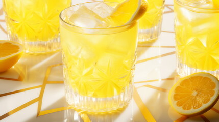 Refreshing Citrus Splash - A vibrant summer drink with sliced oranges, lemons, and limes, ice cubes, and fresh green leaves on a sunny yellow background