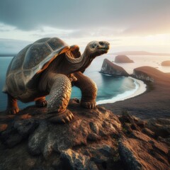 Giant Galapagos tortoise standing majestically on the cliff edge of an island 