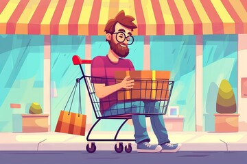 Happy man inside a shopping cart with a big package. Generative AI - 733053872