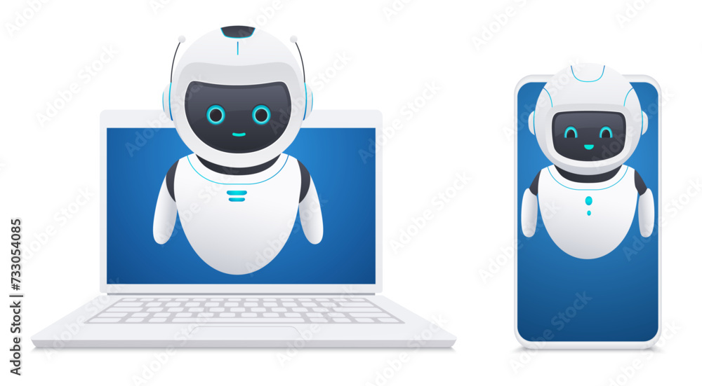 Poster 3d robot interacting with the interface of smartphone, laptop. chat bot with artificial intelligence