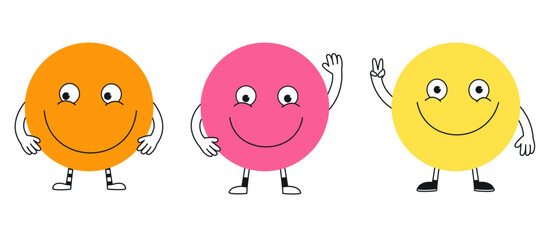 Funny cartoon smiling characters. Happy cheerful emoji with smiling faces.