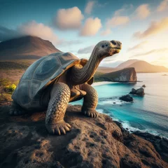 Foto op Canvas Giant Galapagos tortoise standing majestically on the cliff edge of an island  © robfolio