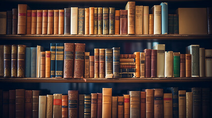 Shelves of a library with books in macro