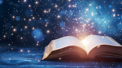 Open Book with Magical Sparkling Lights and Connected Stars Concept