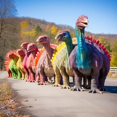 A group of colorful dinosaurs are walking down a road