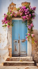Fototapeta na wymiar Blue door with pink flowers