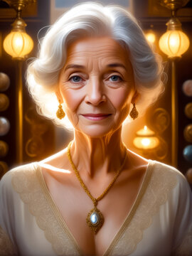 Painting of older woman wearing gold necklace and diamond necklace.