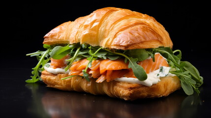 Gourmet Smoked Salmon Croissant Sandwich with Arugula and Cream Cheese