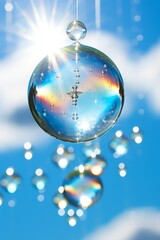 Fototapeta na wymiar glass ball with water droplets hanging in mid-air with a blue sky in the background