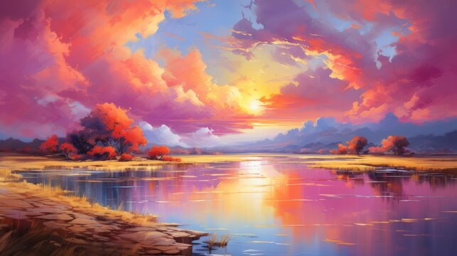 Landscape painting of a lake and mountains at sunset in vibrant colors
