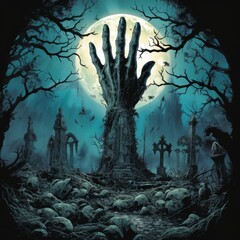 A zombie hand reaching out from a graveyard - obrazy, fototapety, plakaty