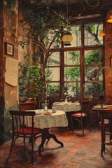 Fototapeta na wymiar An illustration of an empty restaurant with a tree growing in the middle