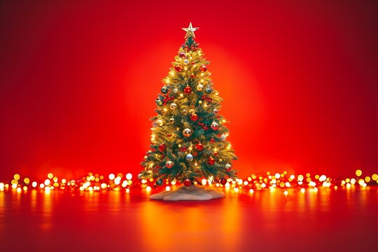 A beautiful Christmas tree with red and gold ornaments stands in front of a red background. There are also red and yellow lights at the bottom of the image.