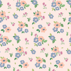 Seamless floral pattern, cute ditsy print in romantic pastel colors. Pretty botanical design: small hand drawn flowers, tiny leaves, simple bouquets in an abstract composition. Vector illustration