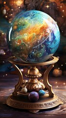 A beautiful glass ball with a galaxy inside it sits on an ornate golden stand.
