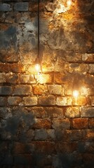 Three light bulbs hanging from the ceiling with brick wall background