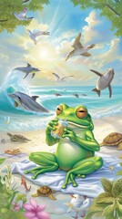 A frog in a beach drinking juice surrounded by sea animals and birds