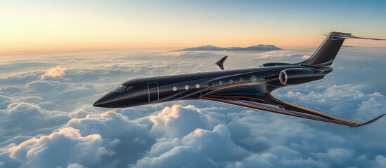 Black luxury business jet flying above clouds in dramatic sunset light. A golden horizon, a sleek...