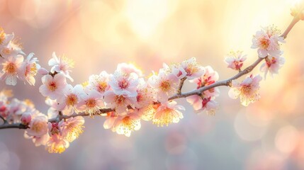 Close-up image of beautiful white and pink cherry blossoms in full bloom against a blurred background - obrazy, fototapety, plakaty