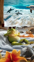 A frog wearing sunglasses is drinking a cocktail on a beach with dolphins and turtles in the background