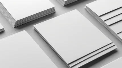 Fotobehang Blank white paper sheets or cardboards on a light grey concrete background. © Du