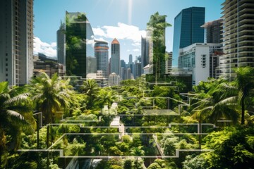 lush green city with skyscrapers and tropical trees